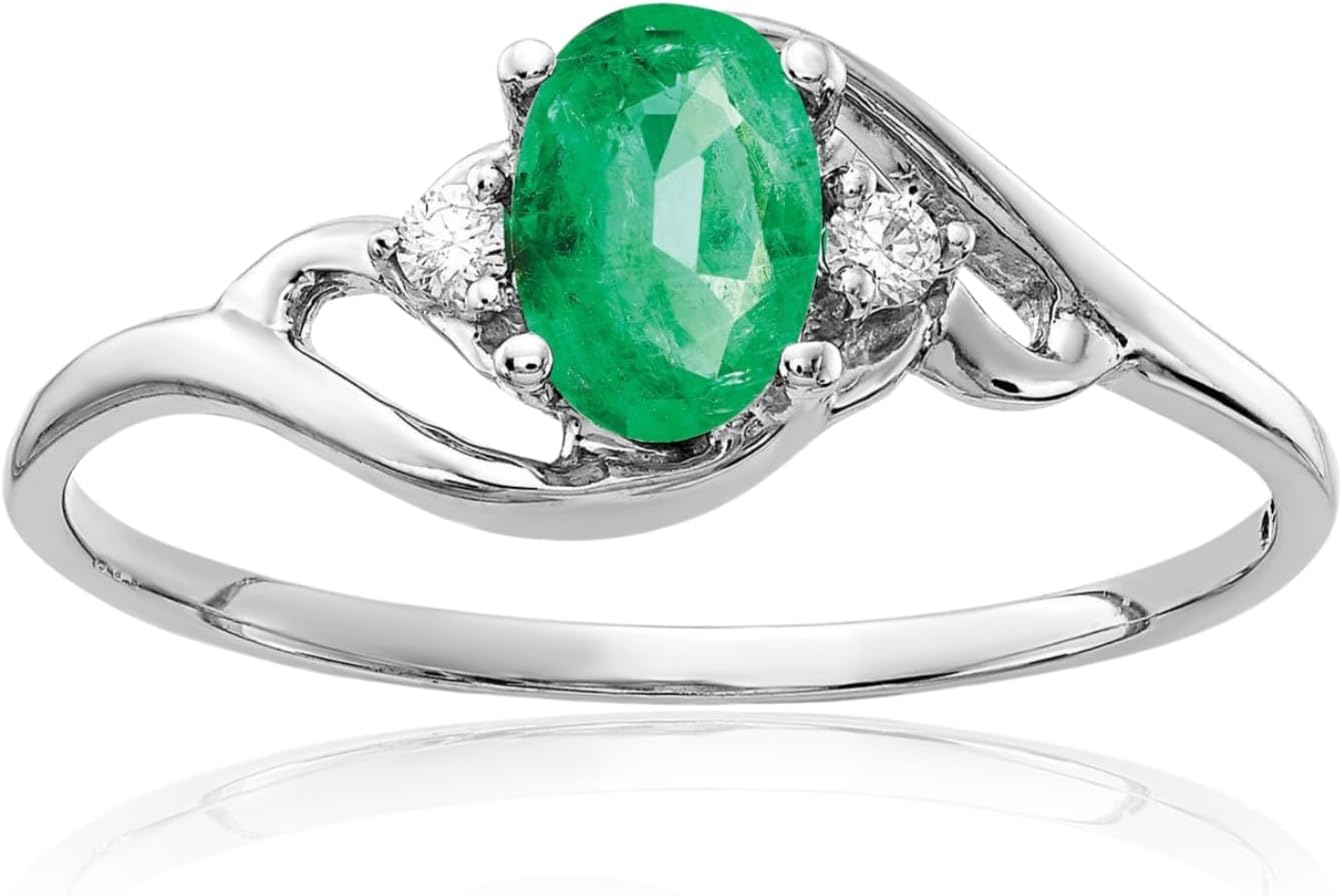 IceCarats 14K Solid White Gold 0.42 carat Green Emerald Diamond Accent Promise Ring 1mm Slim Band Oval Cut, Natural, Prong Set