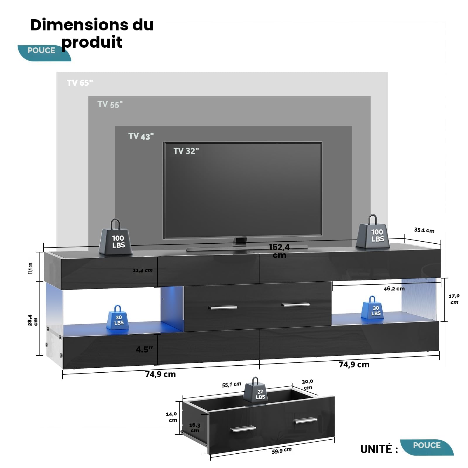 Bestier Meuble TV pour téléviseurs 65 Pouces,Meuble TV Moderne laqué Brillant avec Panneaux latéraux Effet Pierre,Centre multimédia LED avec Grand tiroir,Console TV pour Salon et Chambre(Noir)