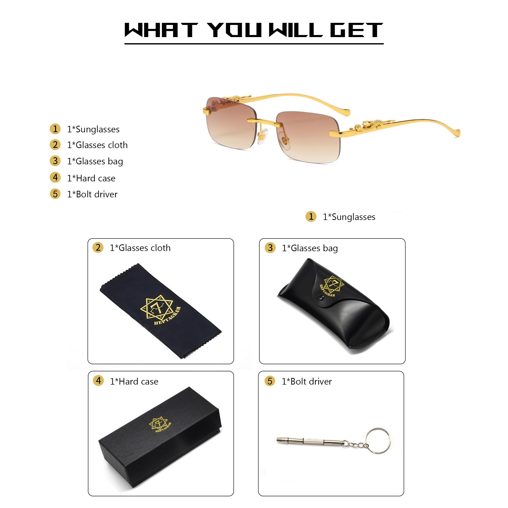 Heptagram Modne okulary przeciwsłoneczne bez oprawek dla kobiet mężczyzn moda vintage retro Y2K małe przyciemniane okulary przeciwsłoneczne bez ramy lata 70