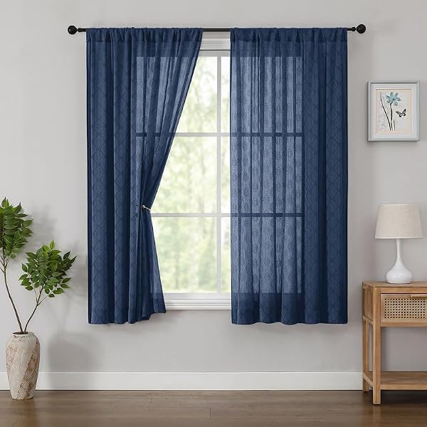 OWENIE Navy Blue Semi Sheer Curtains for Bedroom 63 Inch Length 2 Panels by OWENIE - Used condition - Image 2