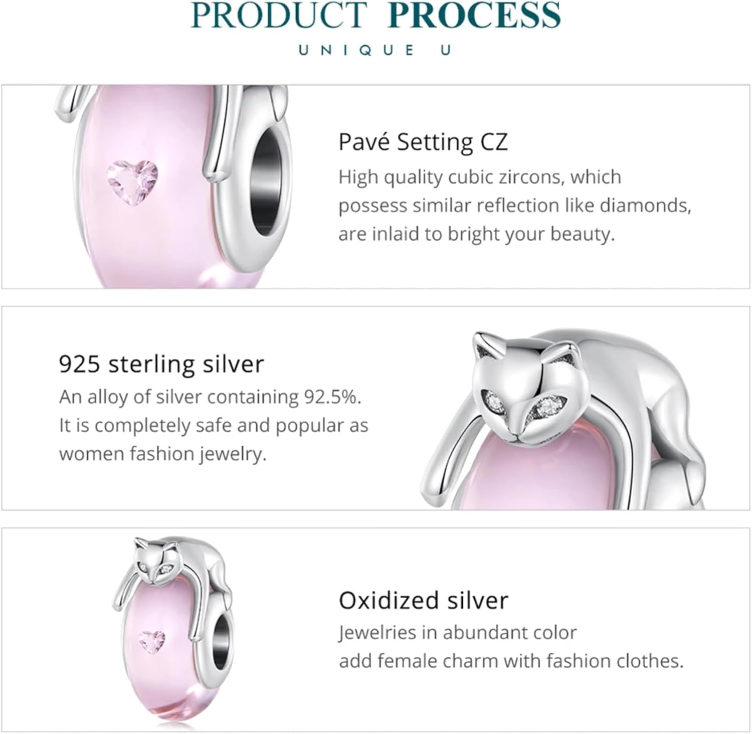 Pulsera de plata de ley 925 con cuentas de cristal rosa y dijes de gato con engaste de circonita cúbica para mujer.