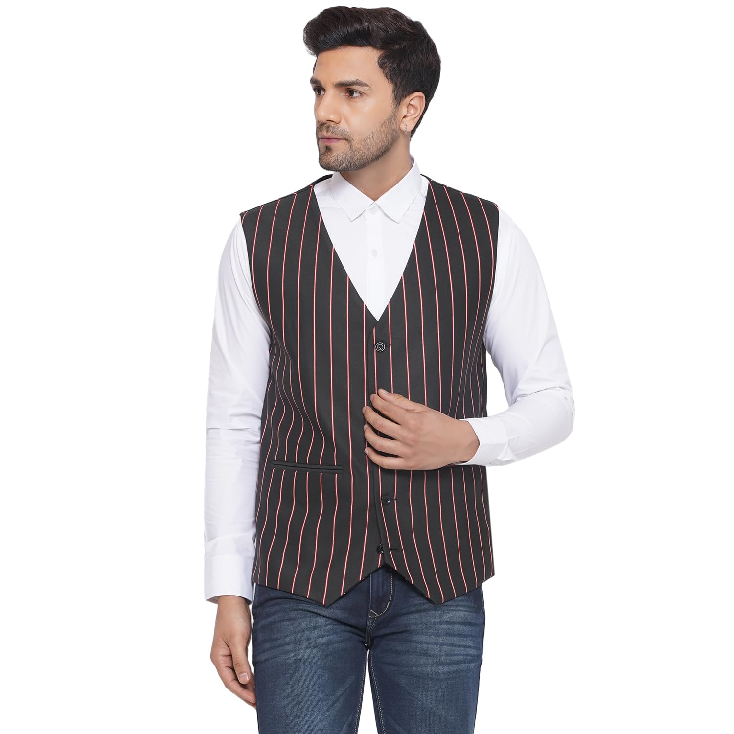 Cotton Poly Red Striped Waist Coat for Men (Black)-image-32