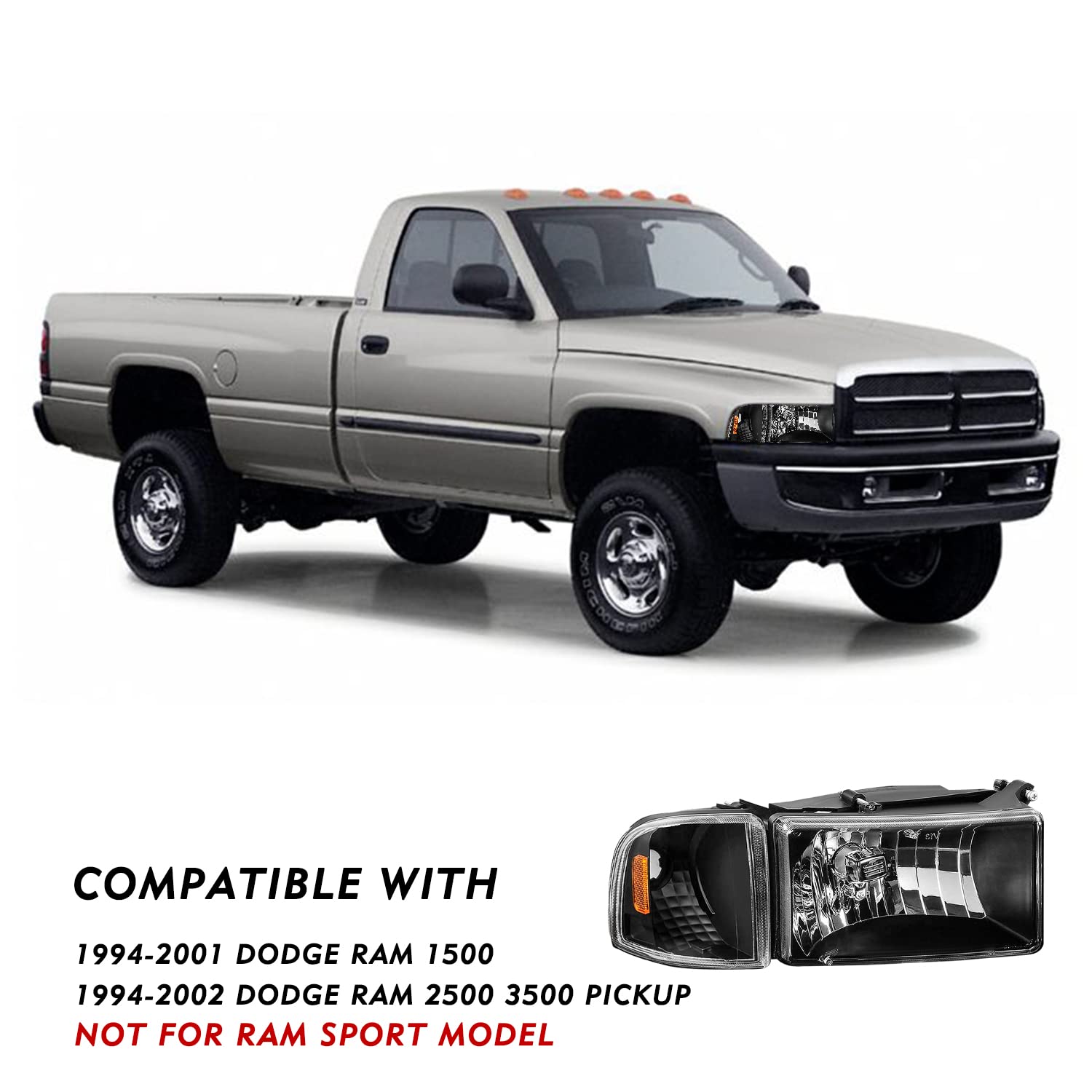 AUTOSAVER88 Ensemble de phares DRL Compatible avec 94-01 Dodge Ram 1500/1994 1995 1996 1997 1998 1999 2000 2001 2002 Dodge Ram 2500 3500 (avec DRL