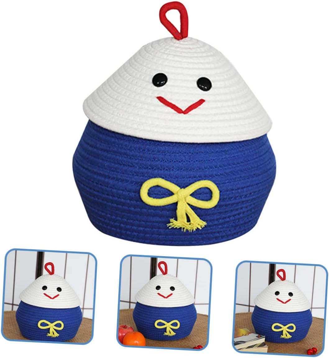 Cartoon Woven Cotton Rope Storage Basket with Lid Organizer Sundries Container for Bedroom Bathroom Nursery Practical Decorative Storage Bin for Home