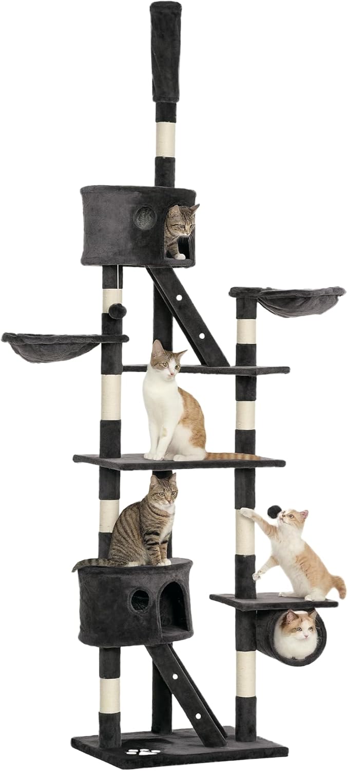 PawHut Floor to Ceiling Cat Tree, 240-260cm Adjustable Height Cat Tower with Scratching Posts, Cat Houses, Ramps, Hammocks, Toy Balls, Tunnel for Indoor Cats - Dark Grey
