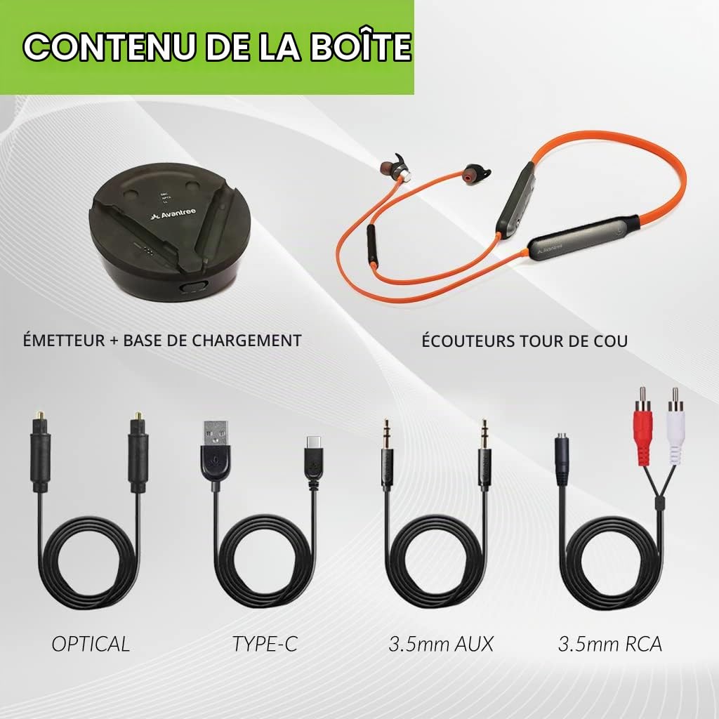 Avantree Medley Clear - Écouteurs sans-Fil télévision à émetteur Bluetooth et Station de Charge, Dialogues clairs, Volume amélioré, Connexion directe Barre de Son, Casque Tour de Cou TV, Batterie 20H