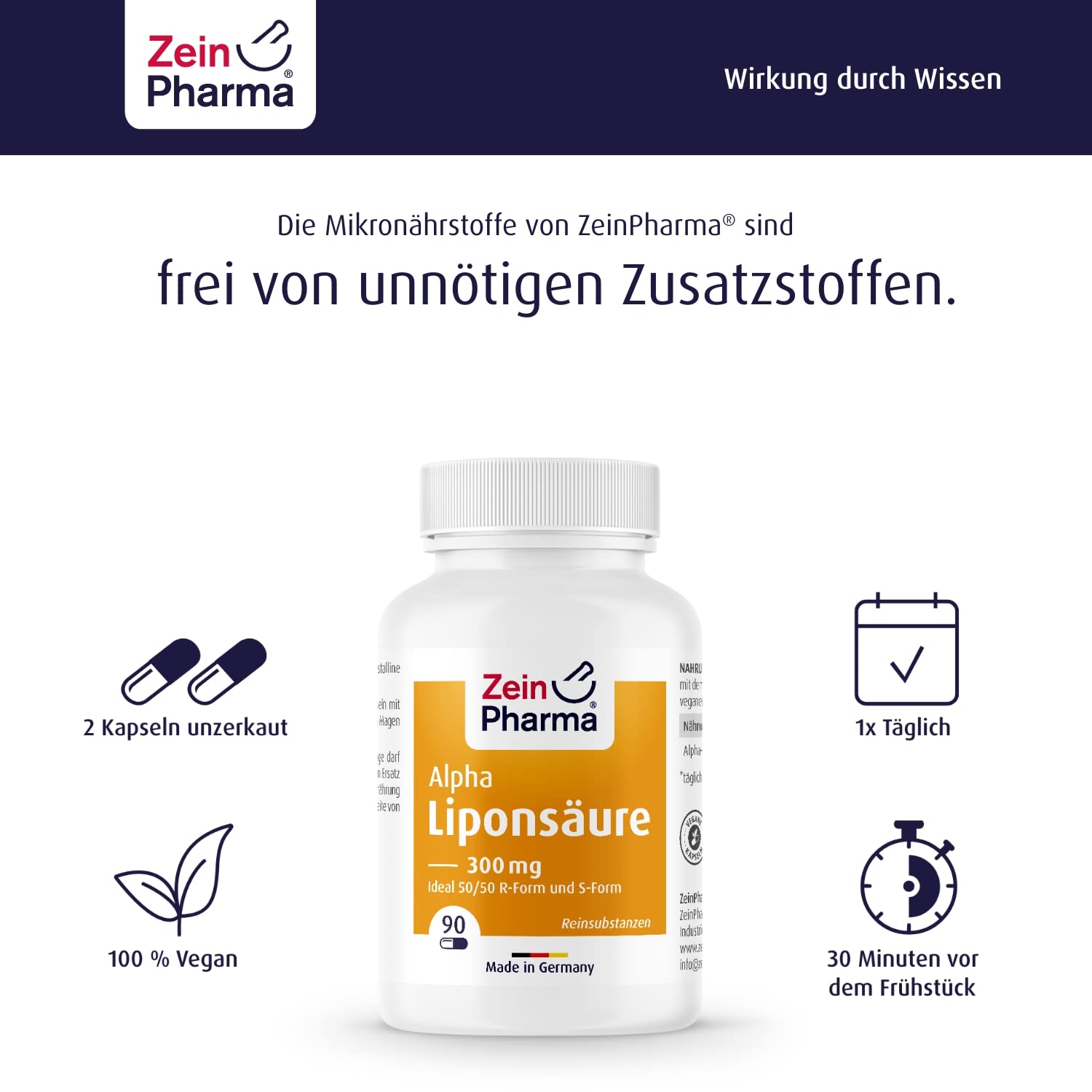 ZeinPharma Alpha-Liponsäure Kapseln 300 mg - 90 vegane Kapseln mit 50% R- und 50% S-Alpha-Liponsäure