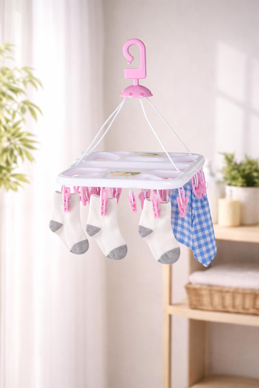 AMENSHREE Plastic Square Cloth Drying Stand Hanger with 28 Clips/pegs, Virgin Plastic Baby Clothes Hanger Stand, Color Blue or Pink 1