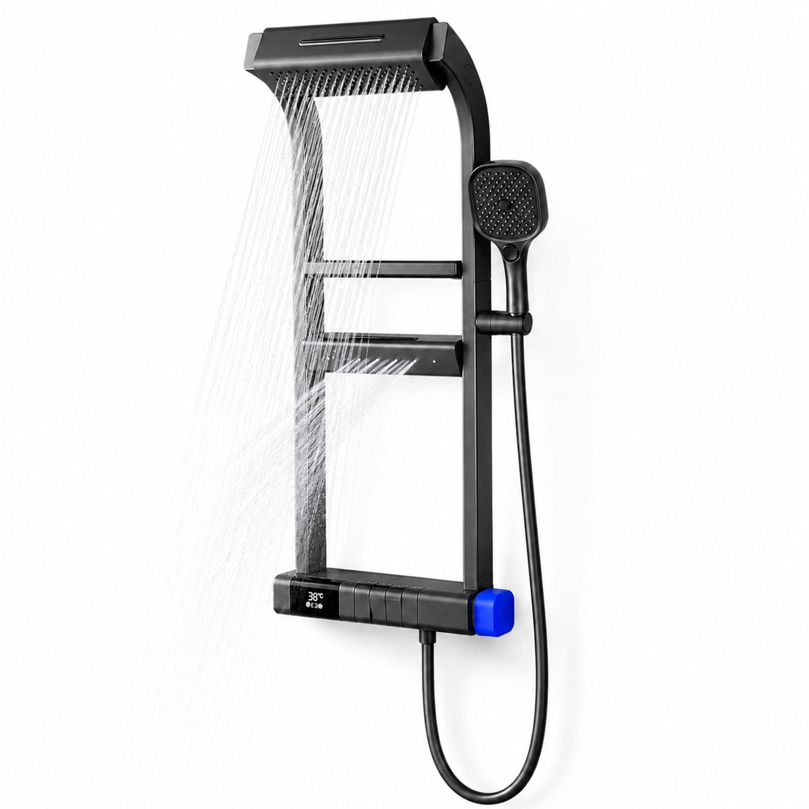 Colonna Doccia Termostatica a Doppio Livello, Soffione 40x10cm 4 modalità, Display Digitale, Tasti, Doccetta 3 modalità, Beccuccio Vasca, Doppio Ripiano Gray