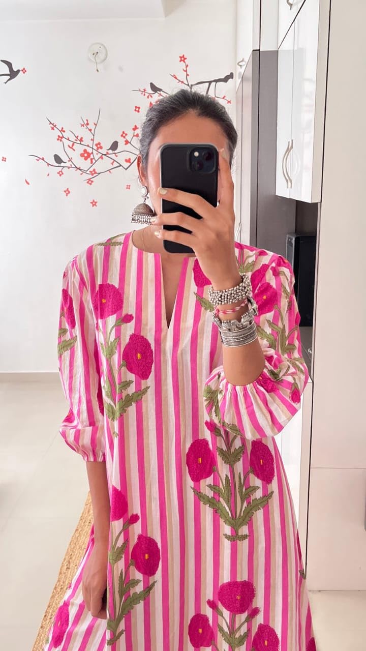 BIRDY EXPORT Women's Cotton Floral Linning Notch Neck A-Line Kurta Pant Co-ord Set for Office and Casual Wear (Pink-M) 1
