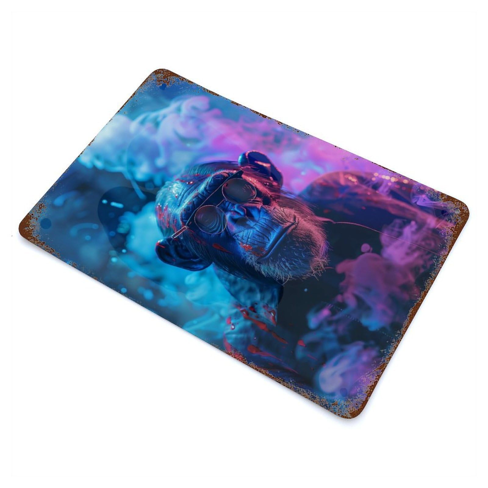 Colorful Chimpanzee 11.8"x7.9" Aged Metal Wall Plaque, Retro Wall Decor for Farmhouse, Kitchen And Entryway Decor