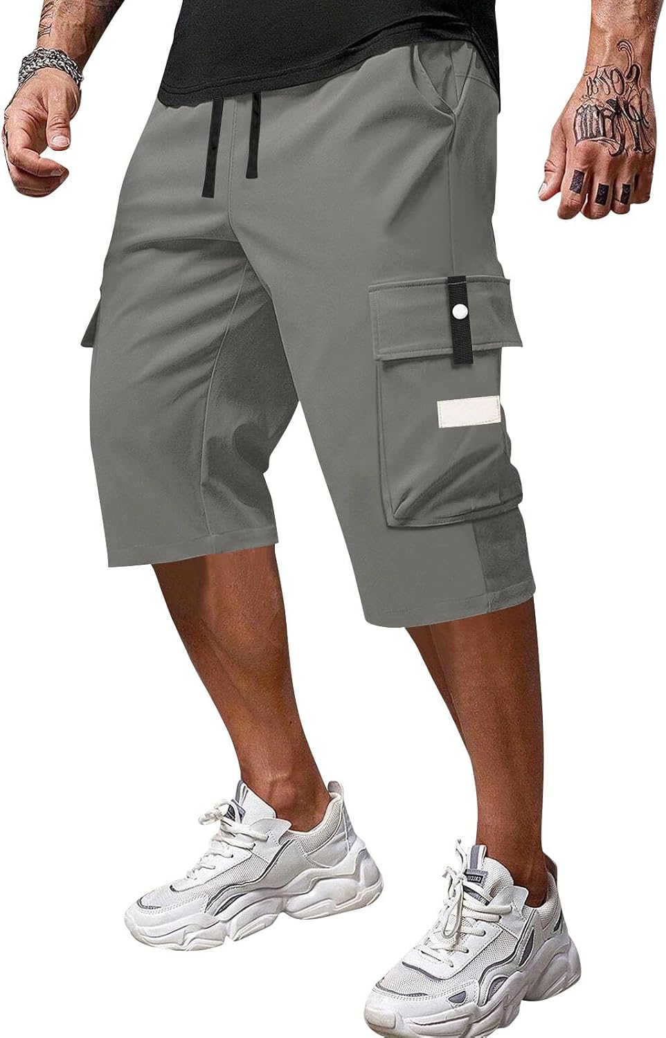 Men's Knee Length Cargo Shorts Elastic Waist Streetwear Shorts with Large Cargo Pockets & Drawstring