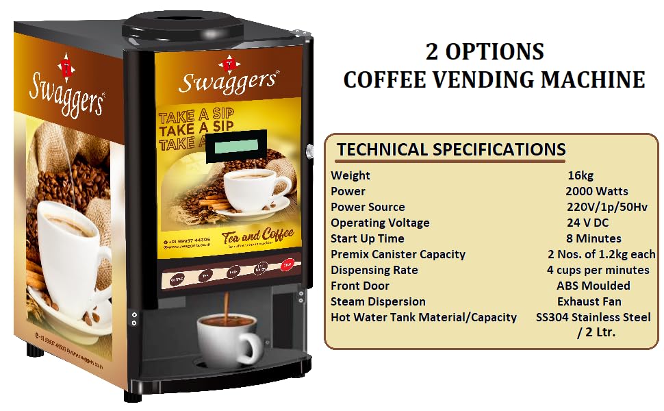Image of Swaggers Fully Automatic Coffee /Tea /Soup Vending Machine With 2 options For Office /Restaurant /Party House etc(Free Sample Premix) !! 1 Year Offsite Warranty !!