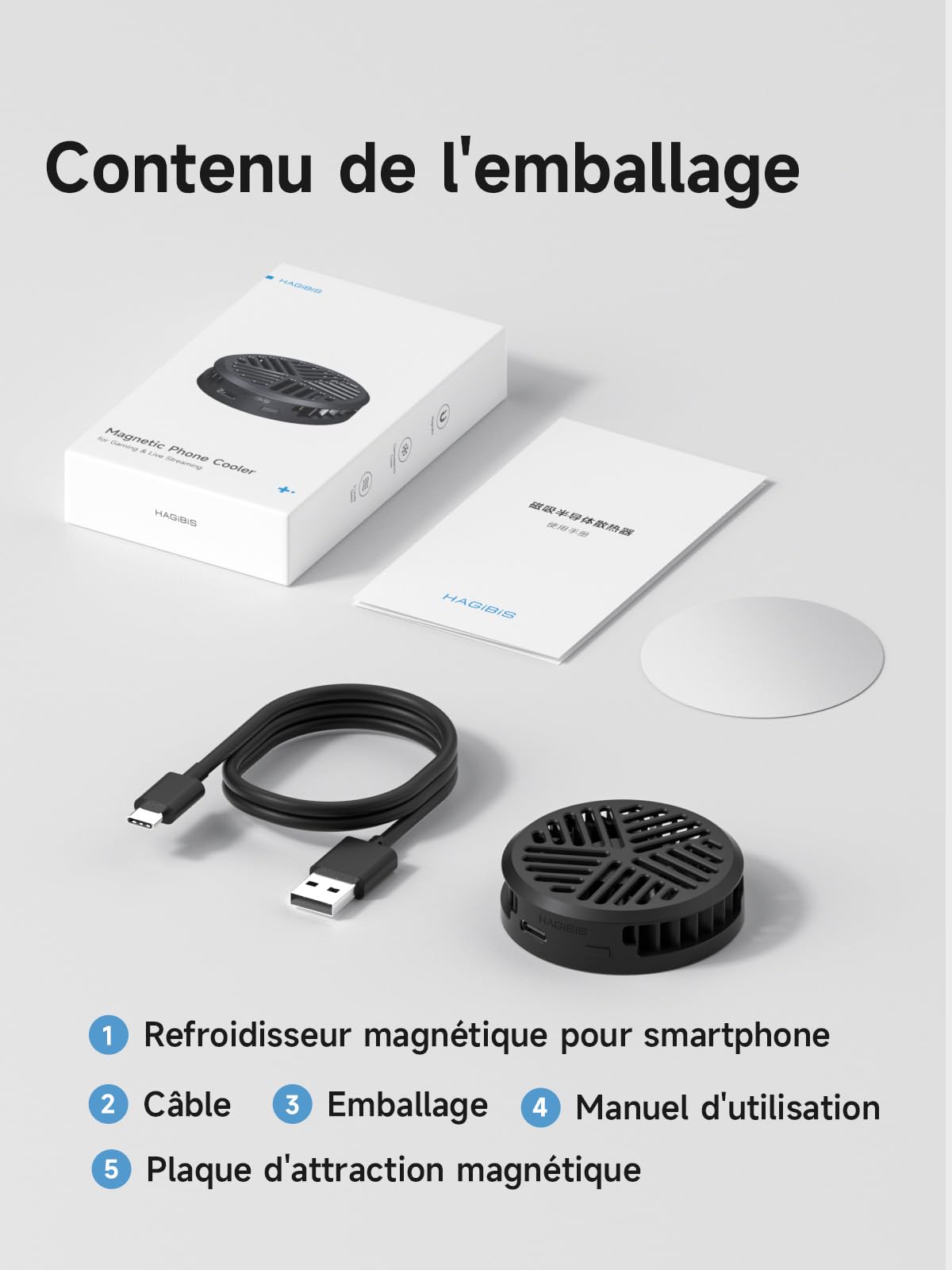 Hagibis Refroidisseur Smartphone Magnetique Ventilateur Radiateur Noir | Refroidissement semi-conducteur ultra rapide pour jeux et live. Design magnétique fin, ultra silencieux avec 3 vitesses.