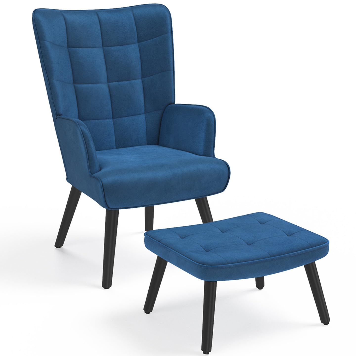 IDMarket - Sillón escandinavo ANIA con reposapiés de terciopelo azul