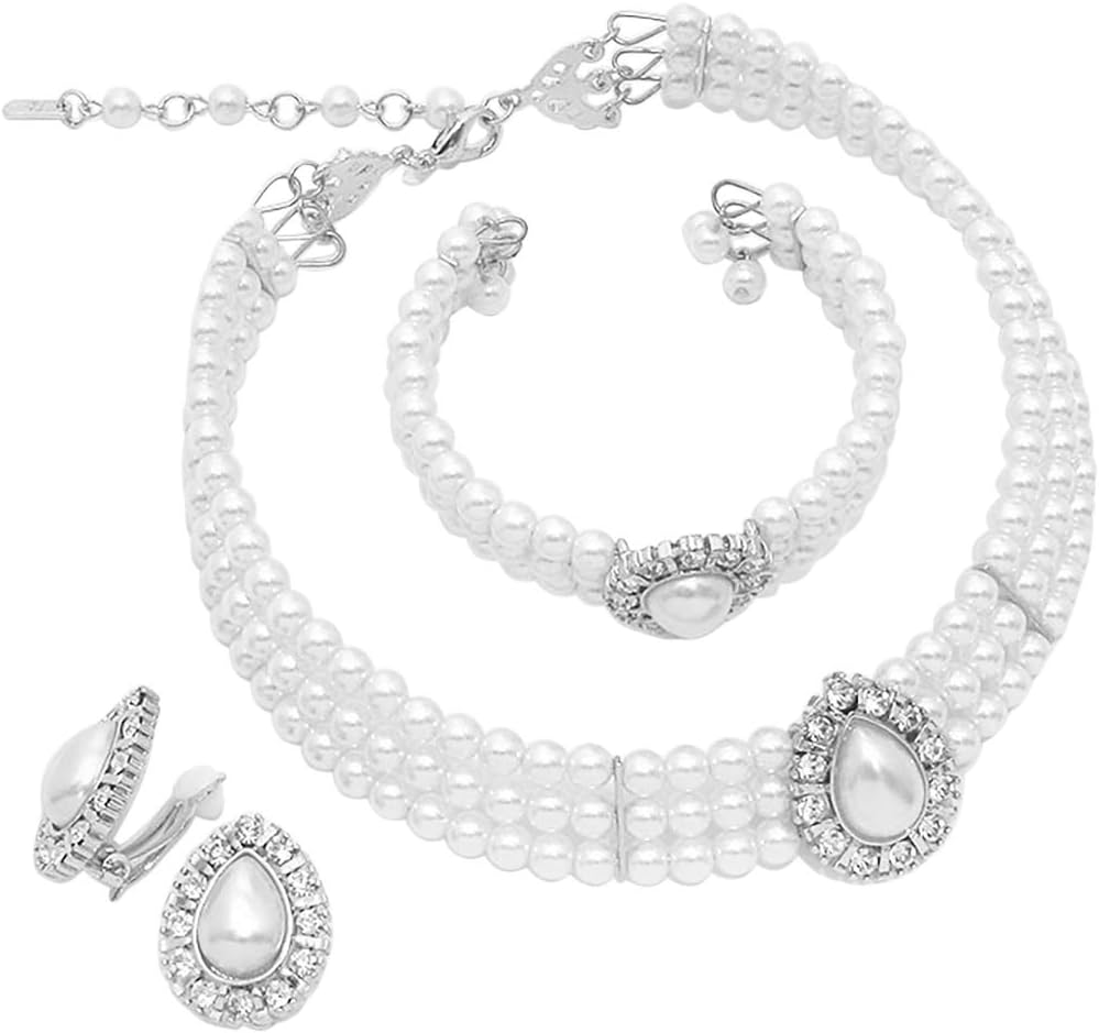 Rosemarie & Jubalee Women's Simulated Large Teardrop Pearl 3 Piece Choker Necklace Cuff Bracelet Clip On Earrings Bridal Jewelry Set, 11"+3" Extender
