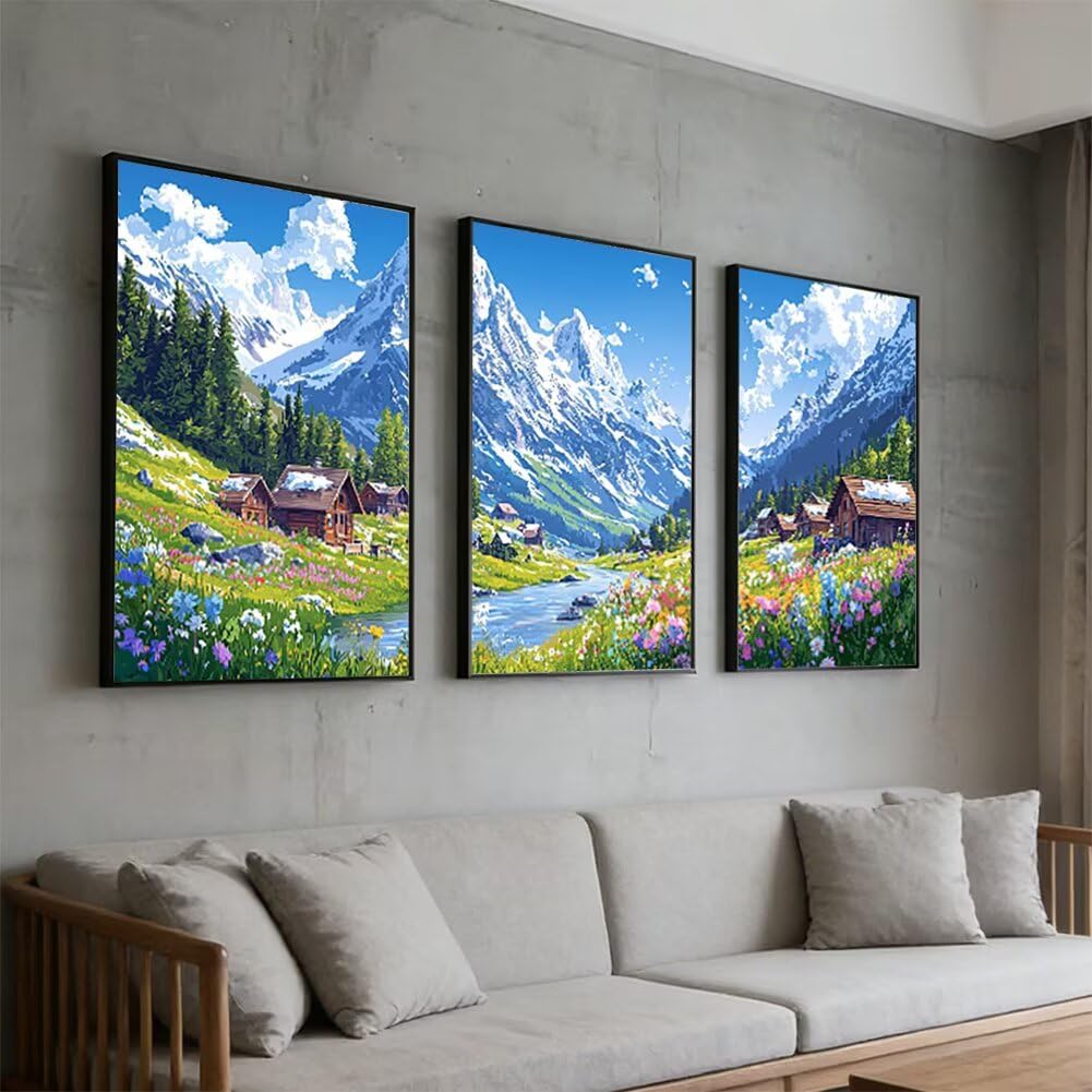 Wandbilder Berg 60x80cm, 3Pcs Leinwand Bilder Groß Wanddeko Wohnzimmer, Farm Leinwand Bilder mit Rahmen, Moderne Wandbilder Wohnzimmer Poster Set mit Haken, Wanddeko Schlafzimmer Poster Set, -2154