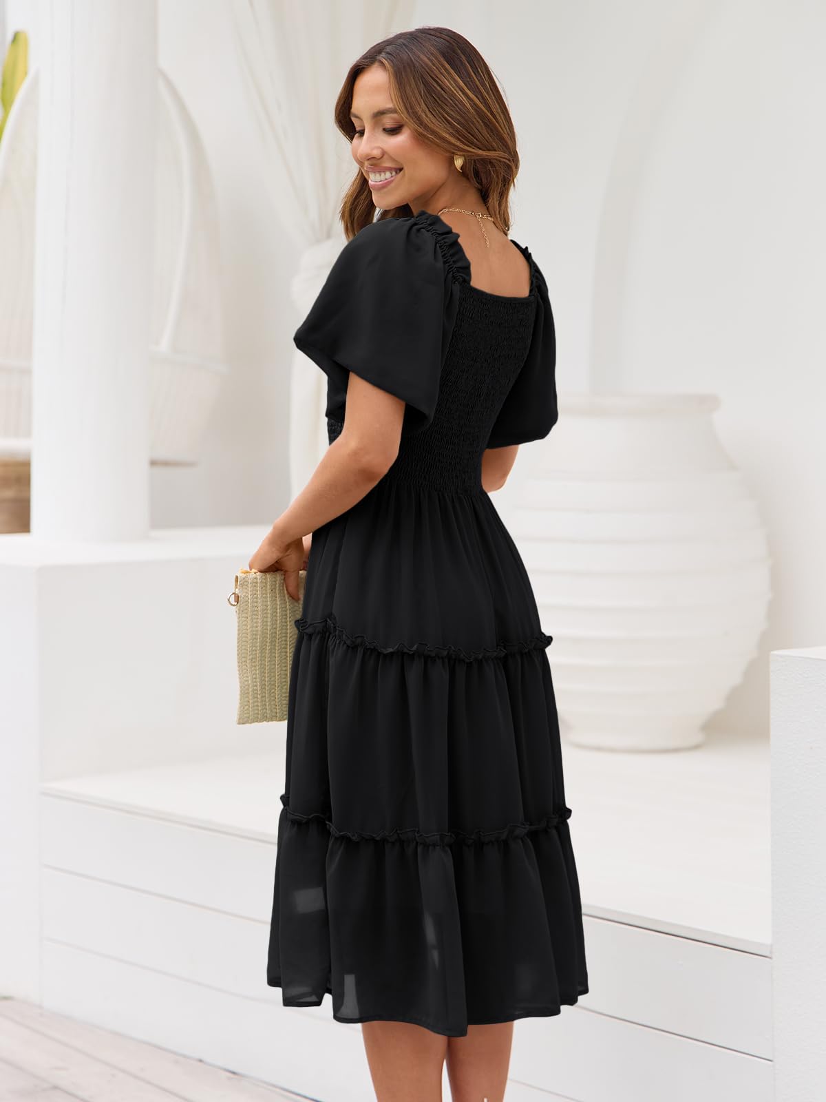 LILLUSORY Women's Summer Casual Flutter Sleeve Square Neck Smocked Midi Dress: Medium Black