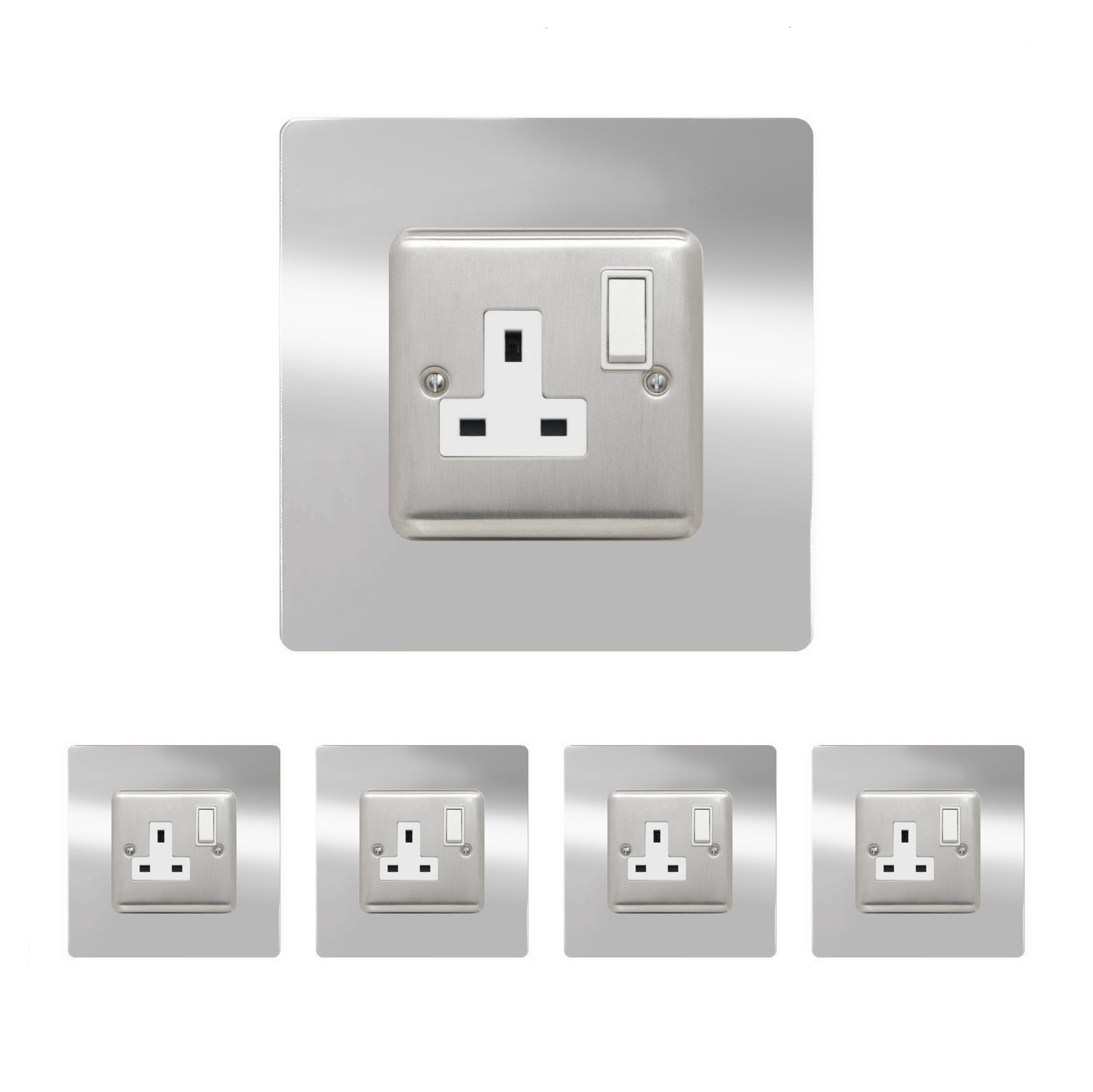 Set of 5 Single Socket Surround, Acrylic Back Panel or Plate, Protect Wall from Finger Prints, Choose from 18 Colours, Colour Silver Mirror