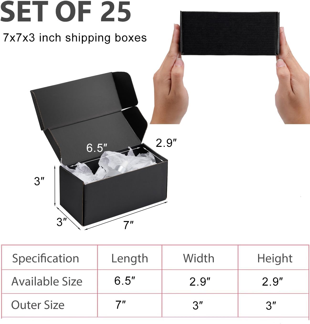 7x3x3 black shipping boxes small - 25 pack corrugated cardboard mailer boxes for packaging, mailing, gift giving | sturdy, recyclable, perfect for small business supplies, ecommerce 7x3x3 inch black