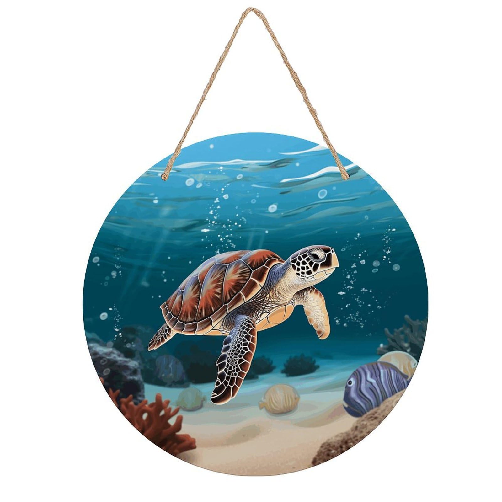 Sea Turtle Swimming Round Wooden Ornaments Unique Wood Decorative Paintings for Christmas Retro-Style Wooden Door Hanger for Crafts Home Holiday Decor Bar 7.87 Inch