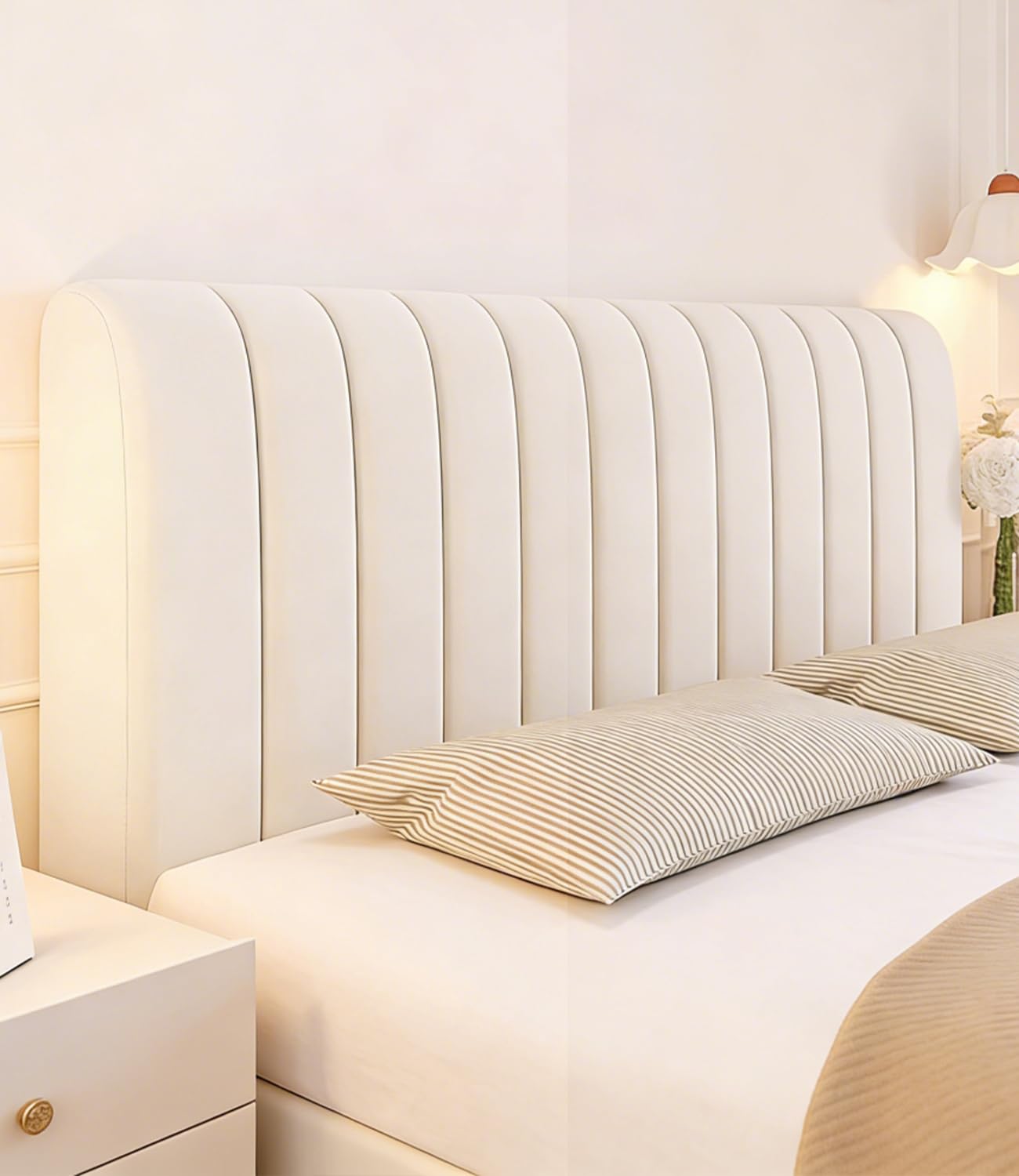 Bett Kopfteil Bezug 200 cm, Beige Gesteppter Verdicken Kopfteilbezug Mit Füllung, Staubdichte Dehnbare Betthusse Kopfteil, Headboard Cover Waschbar