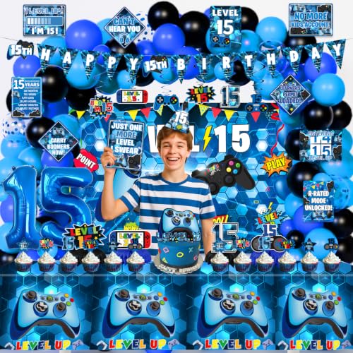 15th Birthday Decorations for Boys, Blue Video Game level 15 Party Decor - image 7
