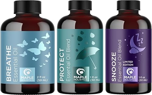 Breathe Protect and Snooze - Juego de aceites esenciales purificadores para difusor de aromaterapia y baños, aceites esenciales relajantes para