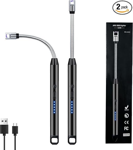 2 PCS Candle Lighter, Electric Lighter Arc Windproof Flameless with 360° Flexible Neck & LED Power Display, Lighters for Candle for BBQ, Grill, Camping, Fireplace, Stove