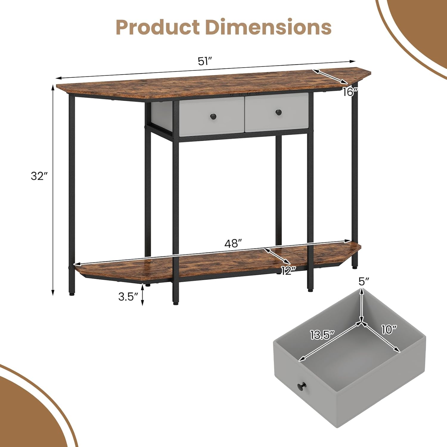 Giantex 51" Console Table with 2 Drawers, 2-Tier Narrow Entryway Table with Open Storage Shelf, Hexagonal Freestanding Sofa Tables Behind Couch for Living Room Hallway Entrance, Rustic Brown
