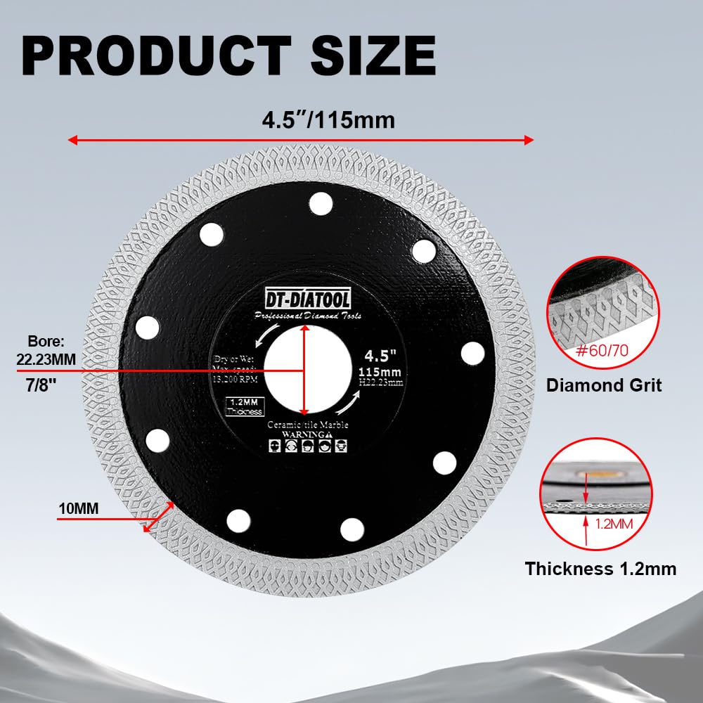DT-DIATOOL Diamentowa tarcza tnąca 5 szt. 115 mm tarcza tnąca z siatką turbo do płytek porcelanowych, marmuru, ceramiki, granitu