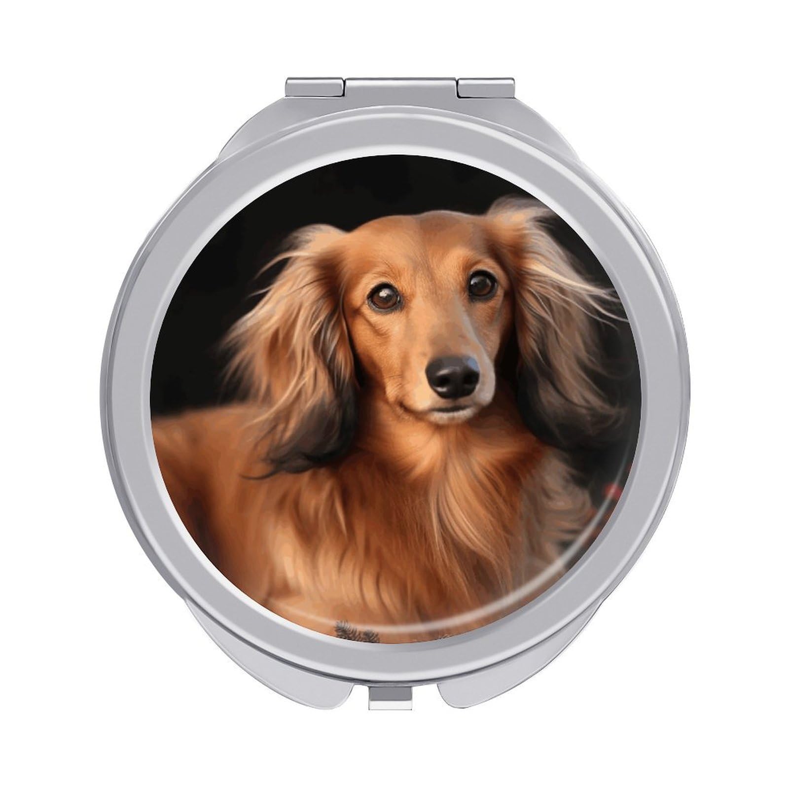 VstaDank Long Haired Dachshund Travel Makeup Mirrors Exquisite Double-Sided 2X/1X Magnifying Folding Pocket Mirror Portable Round Handheld Mirror Mini Compact Mirrors for Outdoor Home