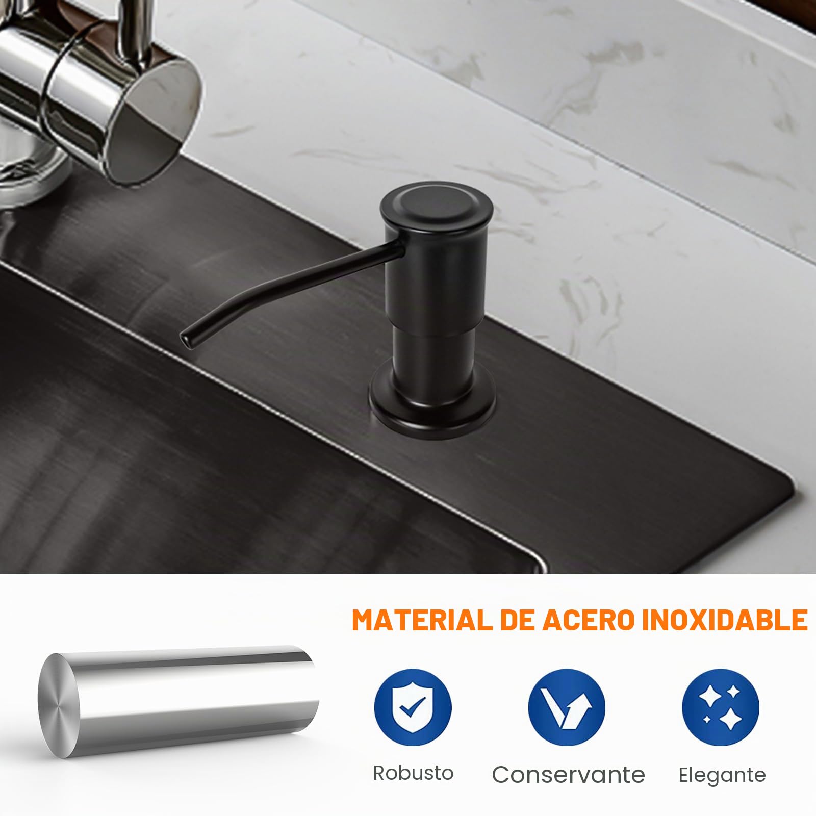 Ibergrif Dispensador de Jabón de Cocina Bajo Encimera, Dosificador Jabón Cocina con Botella de 500 ml y Tubo Silicona de Extensión de 1,0 m, Negro, M34040B