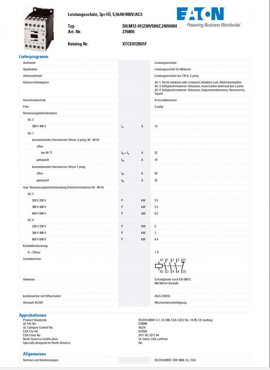 Eaton DILM Schütz 230V ac-Spule, 3-polig, 400V ac / 12 A 230V ac 5.5 kW 3 Schließer Motorsteuerung, Widerstandsbelastung