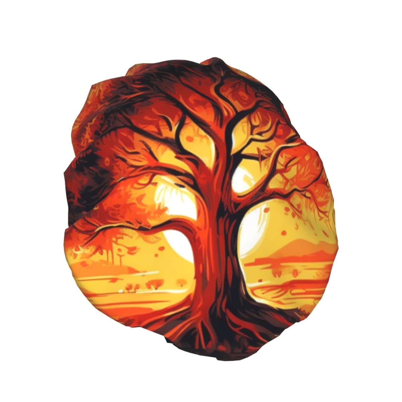 Burning Tree of Life Shower Cap for Women Reusable Waterproof Shower Bonnet Washable Elastic Band Bath Hair Hat Double Layered Bath Cap Extra Large for Long Hair