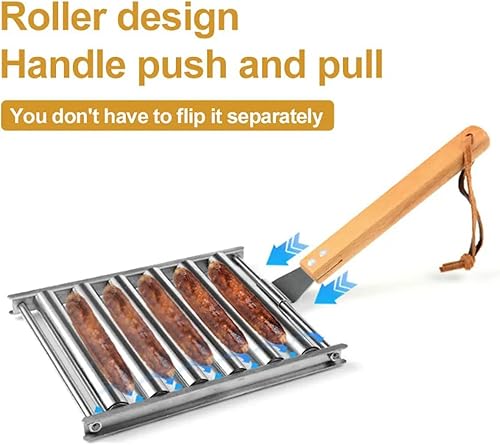 Miniatura 5 de SmaUnicorn Rodillo de acero inoxidable para perros calientes para parrilla, estante de rodillo de salchicha para barbacoa con mango de madera extra