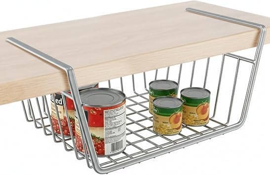 DecorRack Under Shelf Silver Basket Space-Saving Household Organizer, Storage for Kitchen, Closet, Pantry, Office, Bookshelf, Wire Metal Shelf Organizer Slides Under Shelves, Cabinet 1 Pack