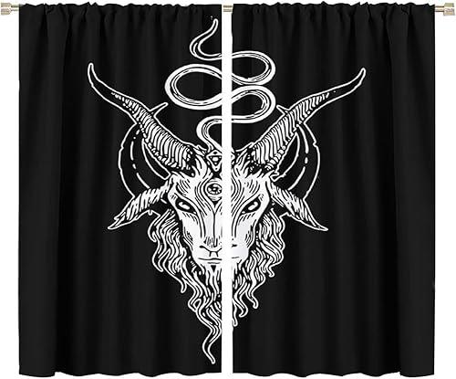 Vista 438 de Cortinas de cabeza de cabra, misteriosa cabeza de cabra malvada, calavera negra, bolsillo para barra, cortinas opacas para ventana, juego de 2