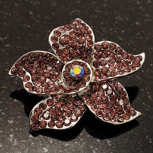 Small Lavender Pink Diamante Flower Brooch (Silver Tone), silver, violet, pink - Image 3