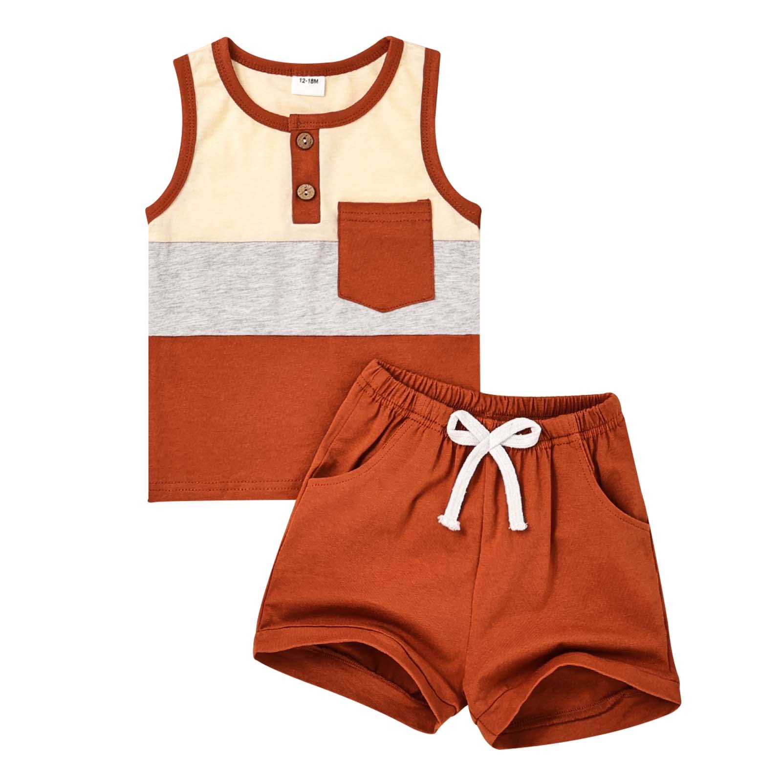 FOCUTEBB Toddler Boy Clothes Baby Sleeveless Shirt Shorts Summer Set 6M-5T | 95% Cotton, Soft Breathable, Pocket Patchwork Top Design, Elastic Waist Shorts, Summer Cool, Everyday Playwear and Outing
