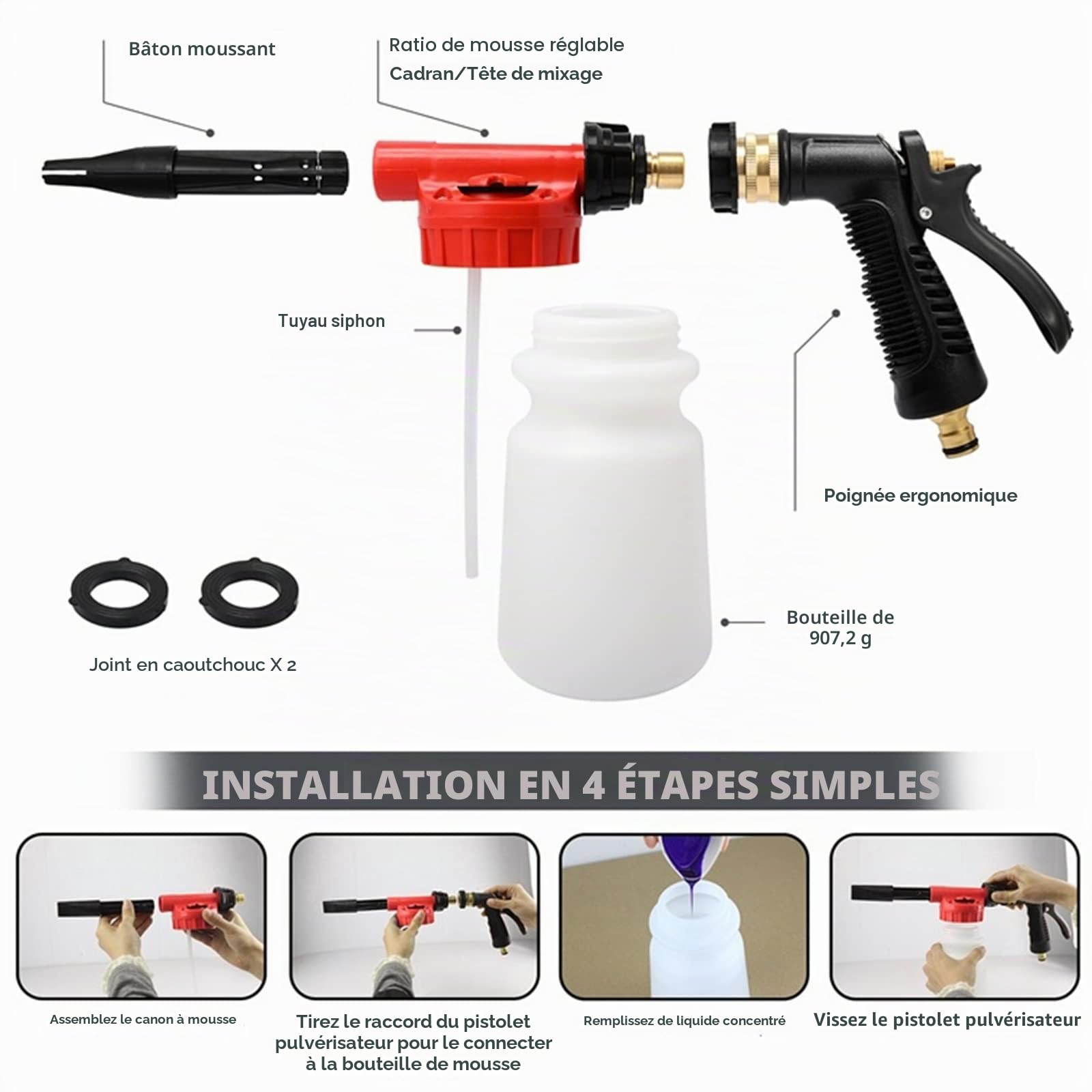 Pistolet à Mousse de Voiture 900ml, Lance à Mousse Réglable 2 En 1, Pistolet à Mousse de Nettoyage de Voiture Pour Raccordement de Tuyau D'arrosage (Rouge)