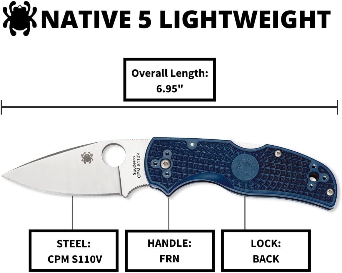 Spyderco Native 5 Lightweight Folding Knife with 2" CPM S110V Steel Blade and FRN Handle - EDC Knife for Men and Women, Perfect for Hunting, Tactical, Camping, Survival, Hiking - PlainEdge - C41PDBL5