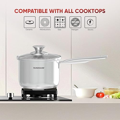 Miniatura 5 de SUNHOUSE Sartén de acero inoxidable de 3 cuartos con tapa, sin PFOA, sartén de acero inoxidable, base de inducción de unión de impacto avanzada,