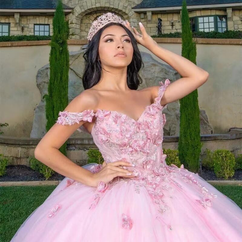 ZVOCY 3D Butterfly Quinceanera Dresses with Train Off Shoulder Ball Gown Beaded Sweet 15 16 Prom Princess Dresses4