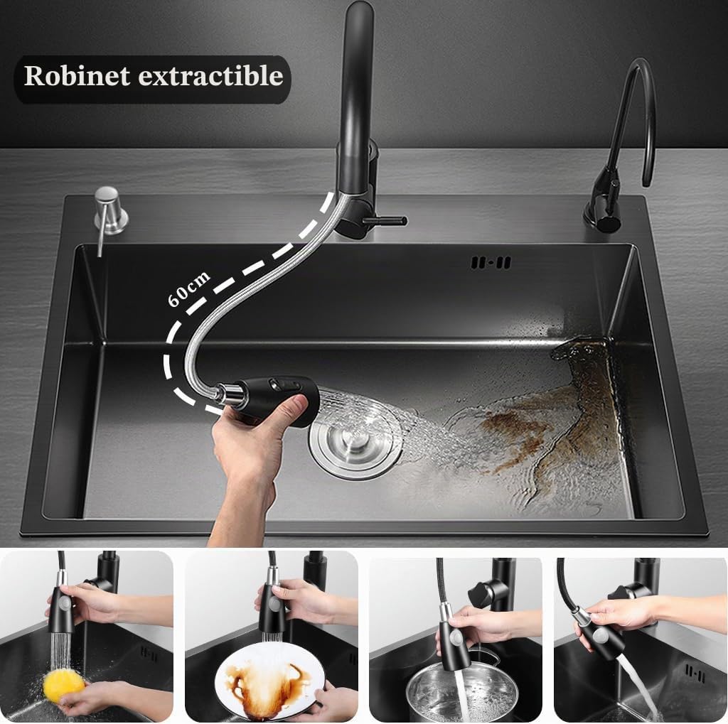 Évier de Cuisine Noir 80 x 50 cm, Évier de Cuisine Acier Inoxydable, Évier Sous Plan ou Sur Plan Avec Robinet Extractible/Distributeur de Savon/Robinet de Purification d'eau (Noir, 80x50cm)