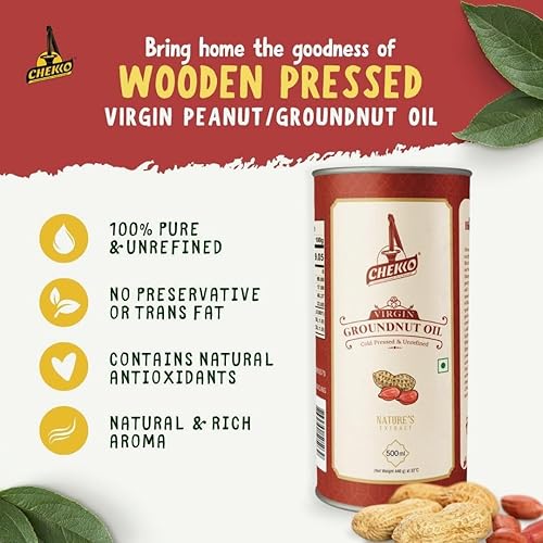 Miniatura 3 de Chekko Aceite de cacahuete prensado en frío (virgen, Kachi Ghani, sin OGM), 100% natural, puro y prensado de madera (1 litro - 33 onzas líquidas)