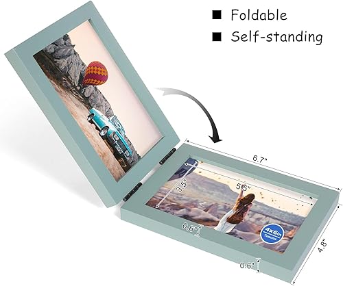 Miniatura 2 de Marco de fotos doble de 4 x 6 pulgadas con bisagras horizontales, marco de fotos plegable en madera de pino azul teja con vidrio real para colocar