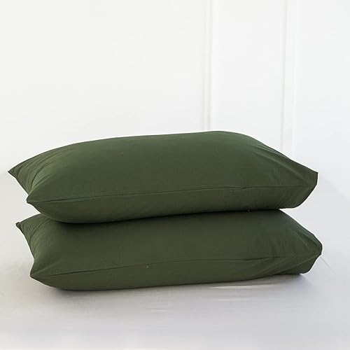 MooMee Fundas de almohada 100% algodón lavado con textura parecida al lino, transpirable, duradera, suave y cómoda (verde oliva, Queen)