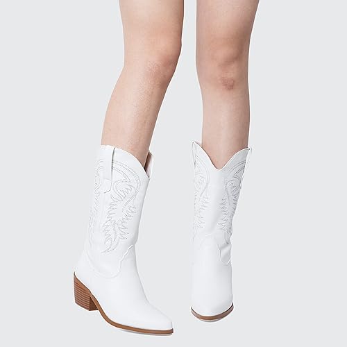Miniatura 4 de AMINUGAL Botas vaqueras para mujer, botas vaqueras de media pantorrilla, punta puntiaguda, tacón grueso, bordadas, botas occidentales para mujer,