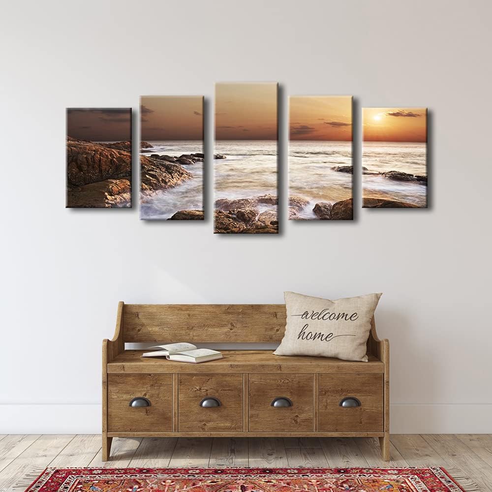Uр Tо 40% оƒƒ Wieco Art The Rocky Sea Large Modern 5 Piece Giclee Canvas Prints Artwork Stretched and Framed Seascape Beach Pictures Paintings on Canvas Wall Art for Living Room Bedroom Home Decorations L
